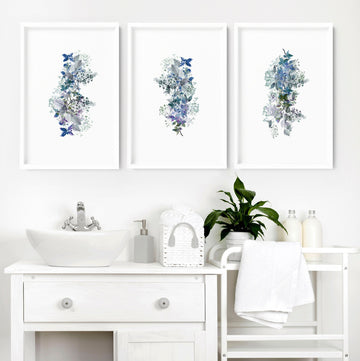 Blue Shabby Chic framed pictures for bathroom | set of 3 wall prints