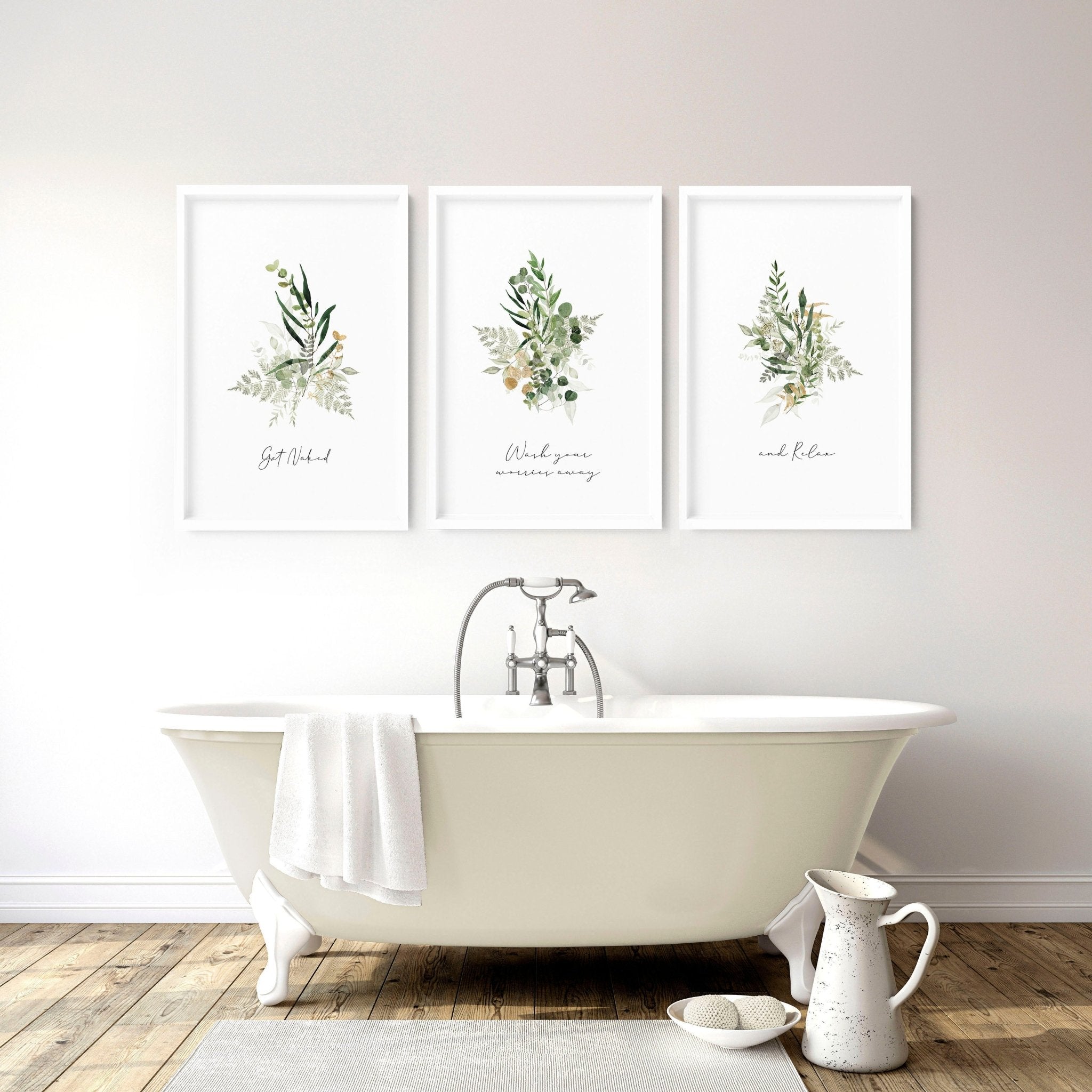 Boho Greenery bathroom prints for wall | set of 3 wall art - About Wall Art