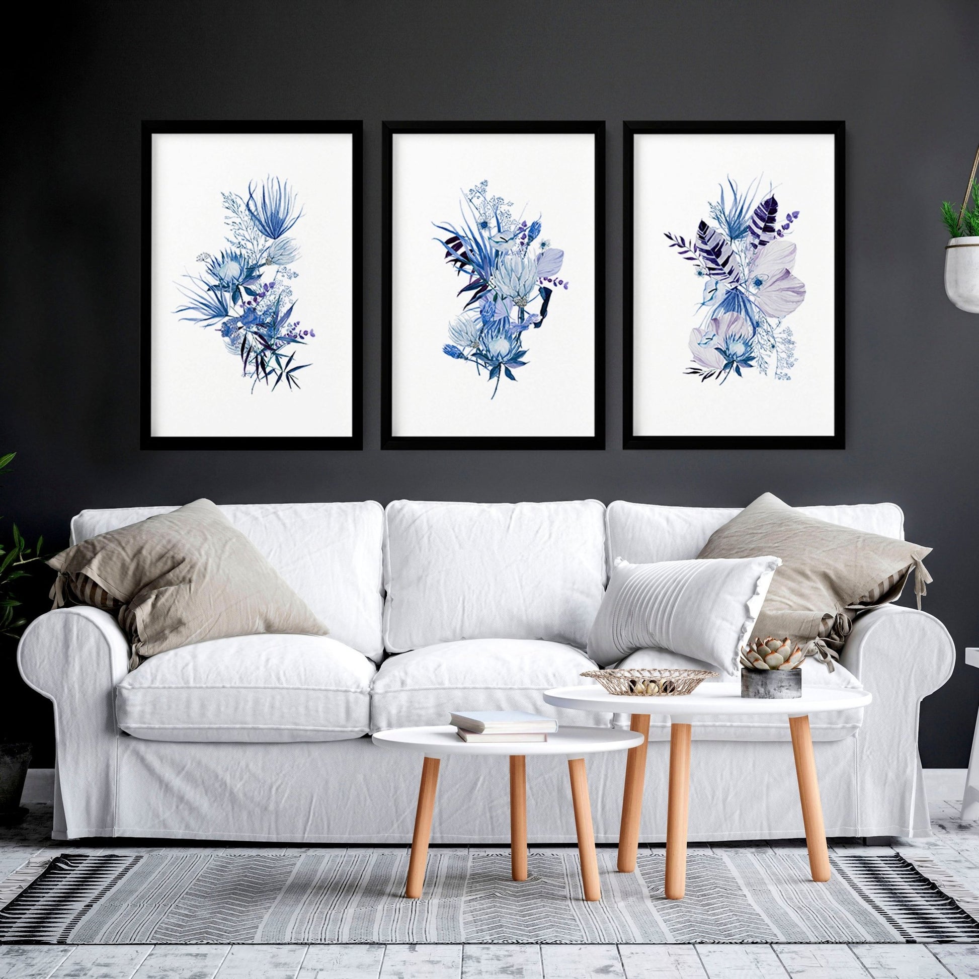 Botanical art prints blue | set of 3 wall art prints - About Wall Art