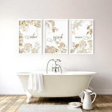 Boho enmarcado conjunto de 3 impresiones de arte de pared para una decoración de hogar de baño ecléctico, impresiones de pared Gold French Country Relax para decoración de pared de baño Spa