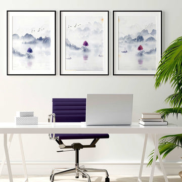 Calming Japanese Office desk Decor set of 3 framed panel wall art - About Wall Art