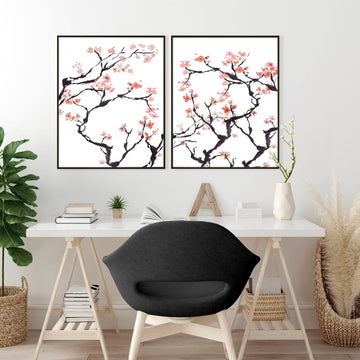 Cherry blossom wall art for home office | Set of 2 wall art prints