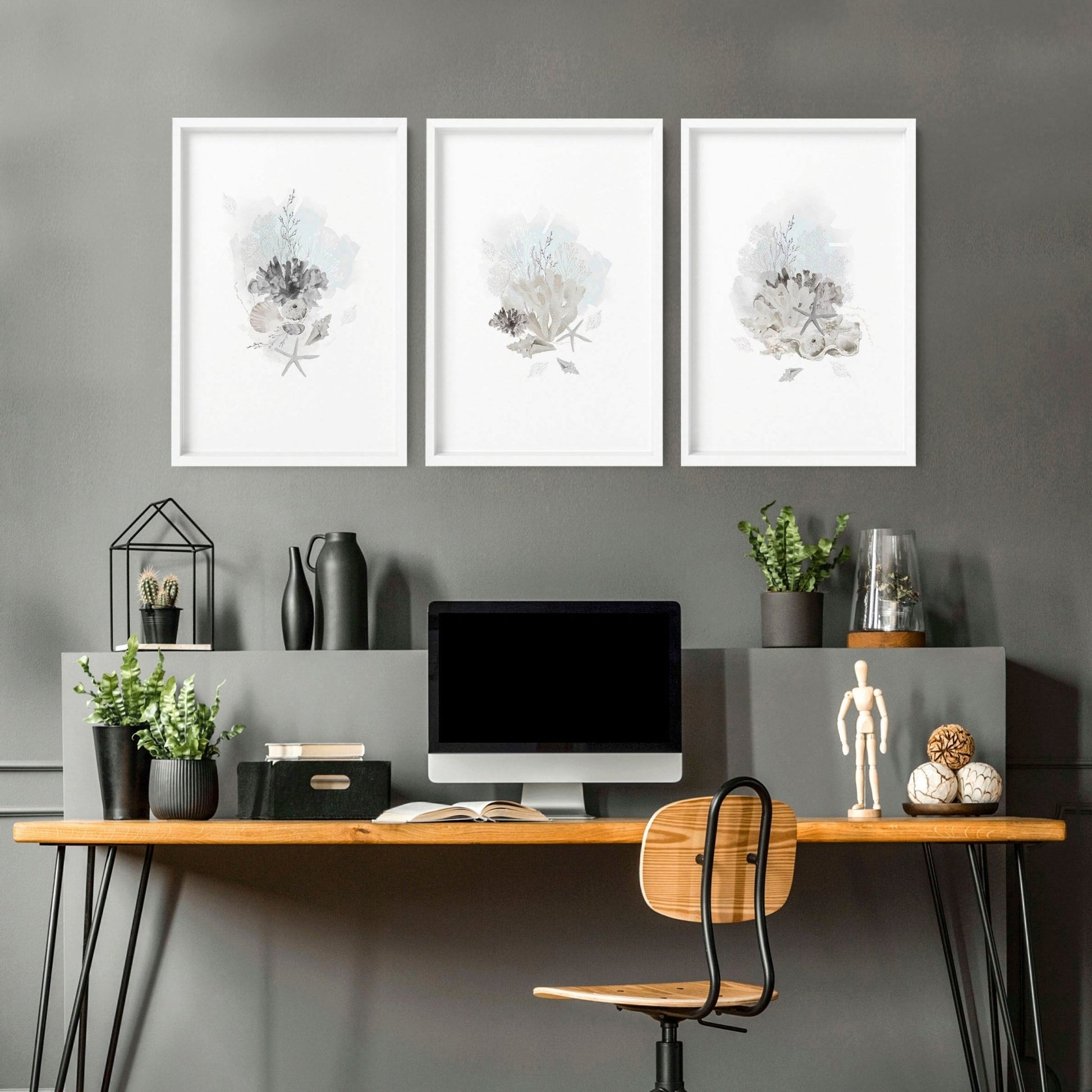 Home Office wall art | set of 3 Coastal Seashells artwork prints
