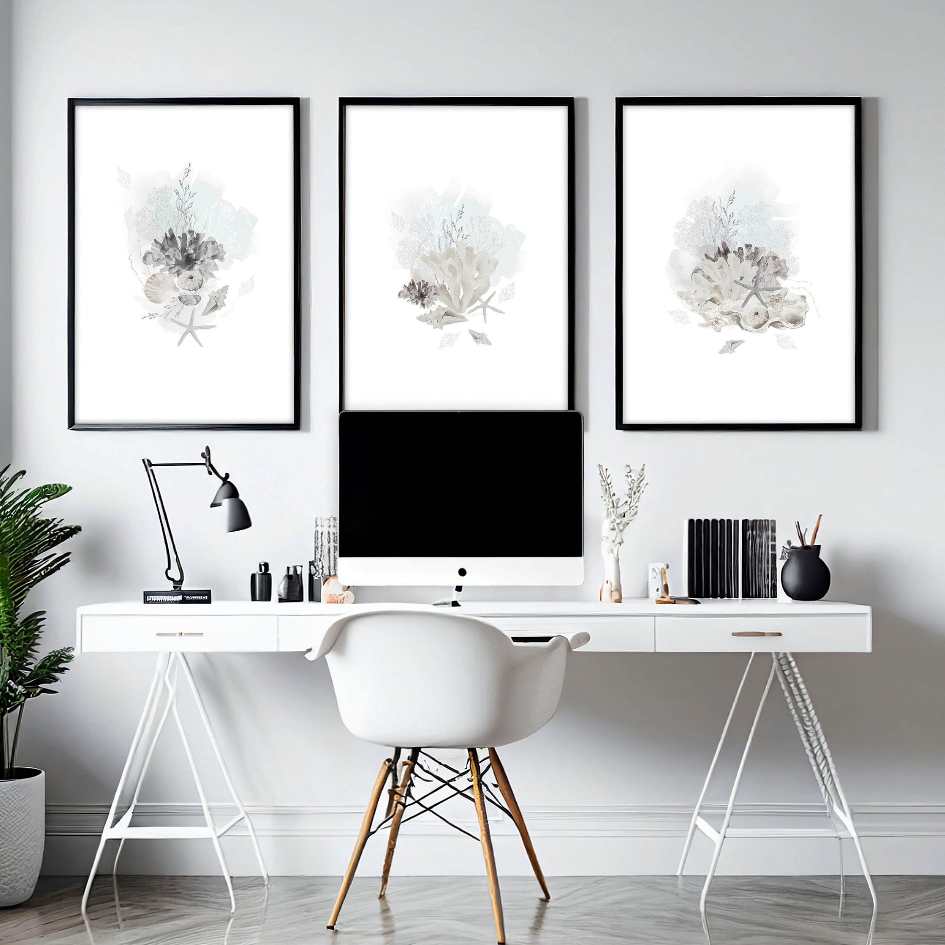 Home Office wall art | set of 3 Coastal Seashells artwork prints