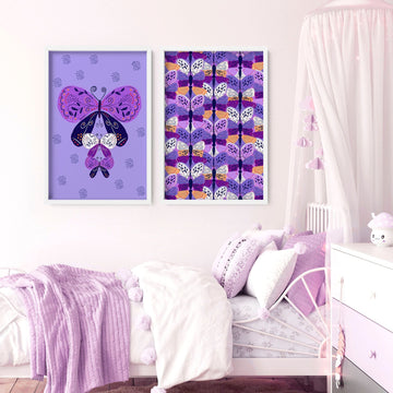Decoración colorida del vivero de mariposas | conjunto de 2 impresiones de arte de pared