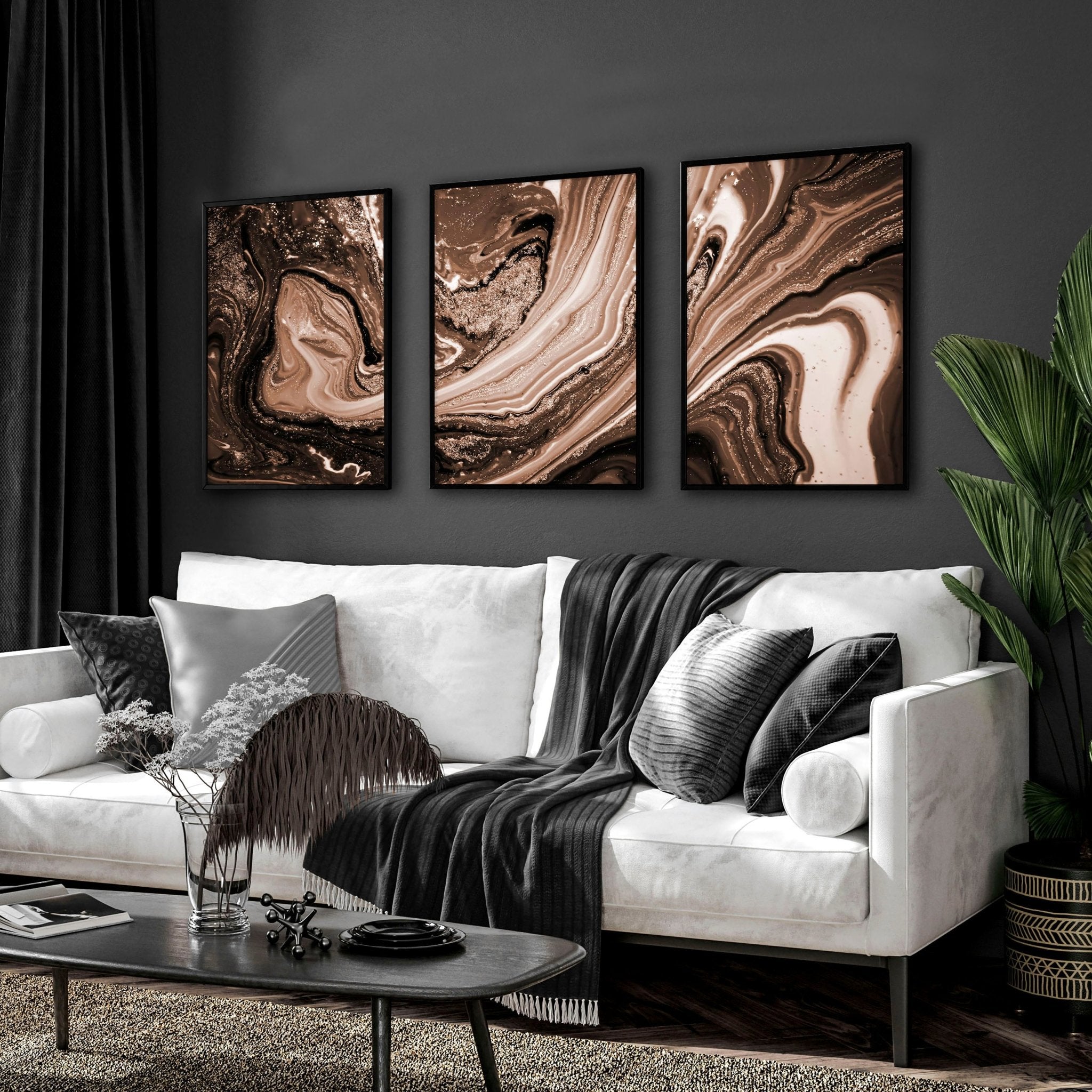 Conjunto de pintura abstracta grande de moda de 3 impresiones de arte de pared enmarcadas para decoración de sala de estar, conjunto de arte de pared de galería de mármol de tono tierra nuevo regalo para el hogar