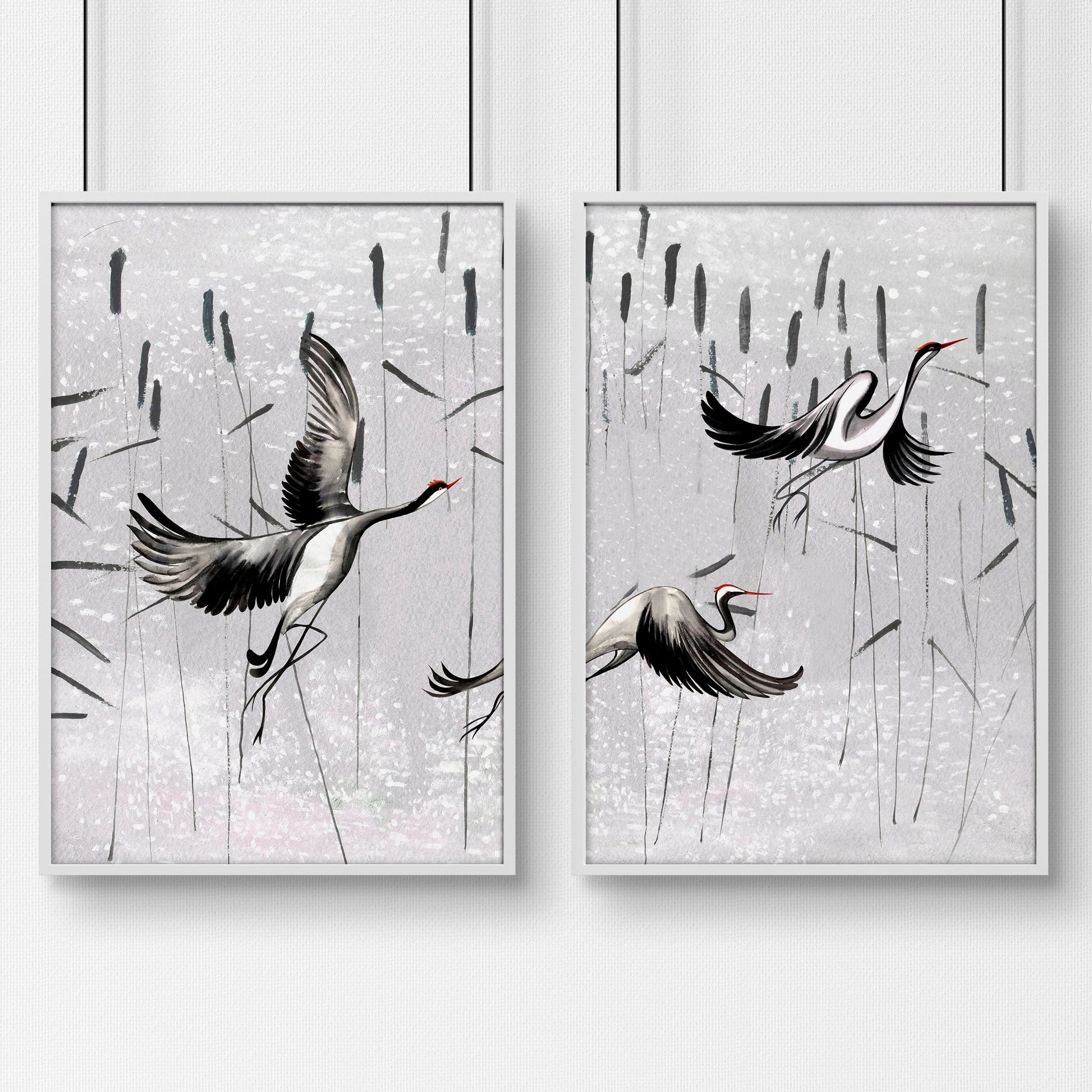 Cranes Japanese Art for home office | Set of 2 wall art prints