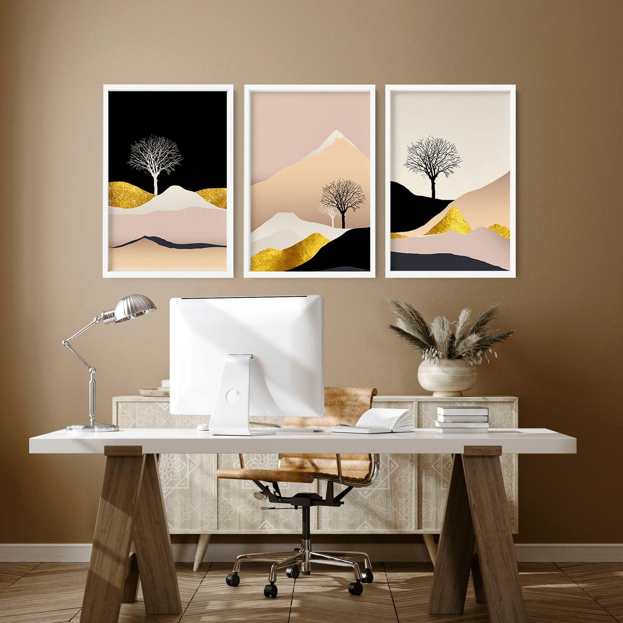 Juego de pintura de paisaje nórdico de 3 impresiones de arte de pared enmarcadas que calman el escritorio de la oficina en casa Decoración para hombres y mujeres, arte de pared de galería escandinava dorada