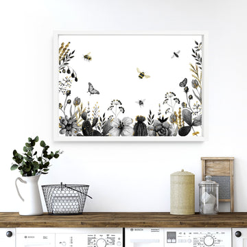 Decoración de arte de la pared de la cocina del núcleo de la cabaña, impresión del arte del dormitorio cotaggecore, colgante de pared de decoración del hogar floral y abejas, decoración de la sala de estar botánica