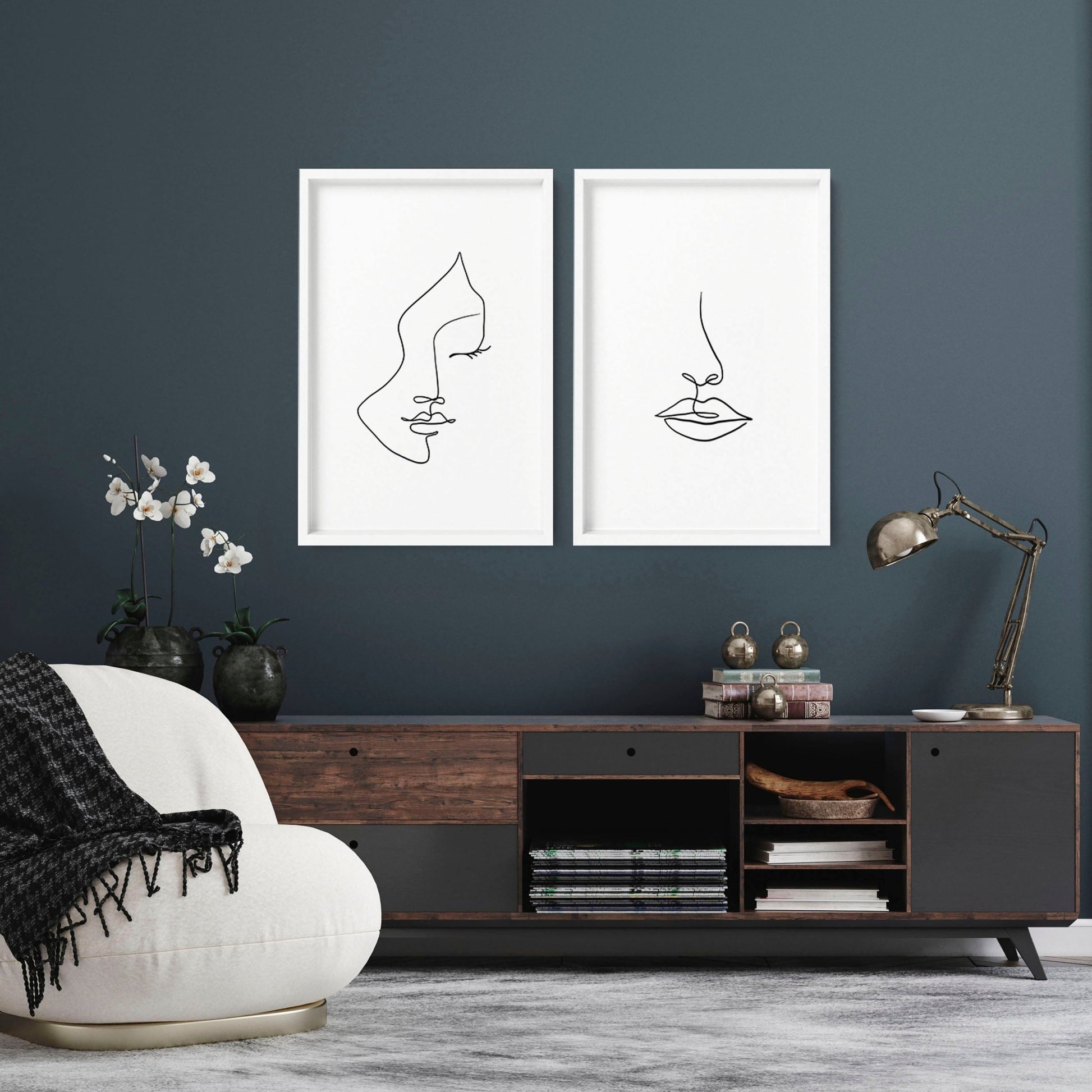 Faces Line art drawings for living room | Set of 2 wall art prints