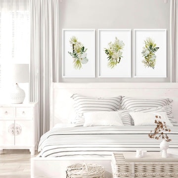 Botánico Acuarela Verde Sobre la cama Decoración enmarcada 3 piezas arte de la pared impresión Set, Moss Green Farmhouse Designer Wall Art para Apartment Decor