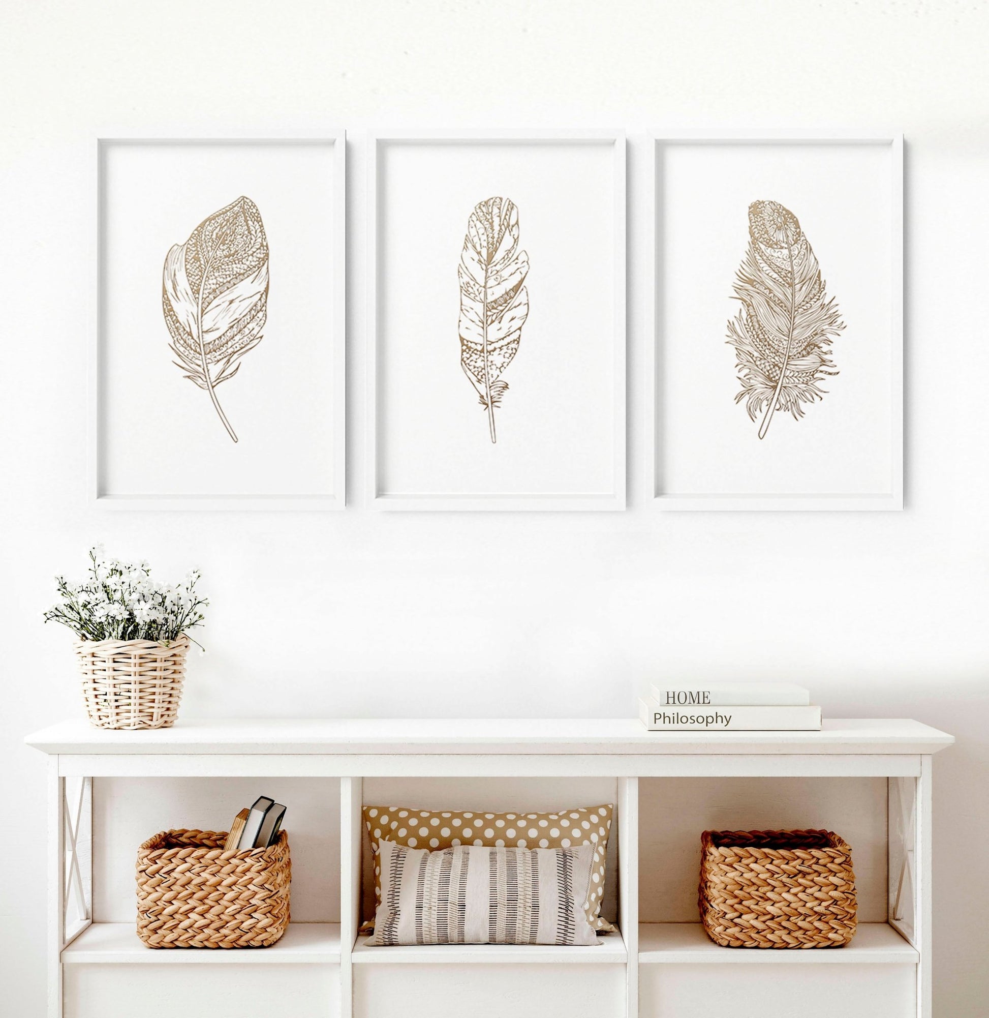 Feathers gold wall art for living room | set of 3 wall art prints