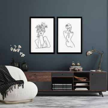 Arte de dibujos de líneas femeninas para sala de estar | Juego de 2 impresiones artísticas para pared.