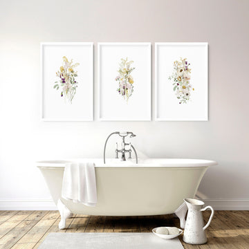 Estampados florales para decoración de baños | Conjunto de 3 impresiones de arte mural.