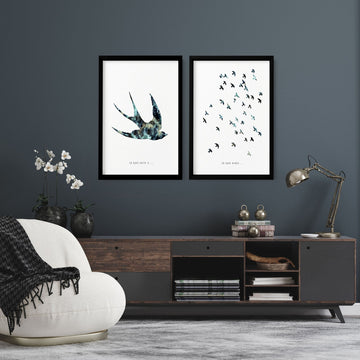 Hallway art ideas | Set of 2 Flying birds wall art prints