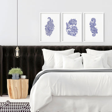 Framed print set of 3 Paisley wall art for bedroom
