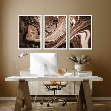 Juego de pintura abstracta de tono tierra grande de moda de 3 impresiones de arte de pared de galería de diseñador enmarcadas para una decoración de escritorio de oficina mínima para abogado