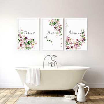 Conjunto enmarcado de moda Shabby Chic de 3 impresiones de arte de pared para la decoración del hogar del baño, impresiones de pared florales botánicos para la decoración de la pared del baño y el spa