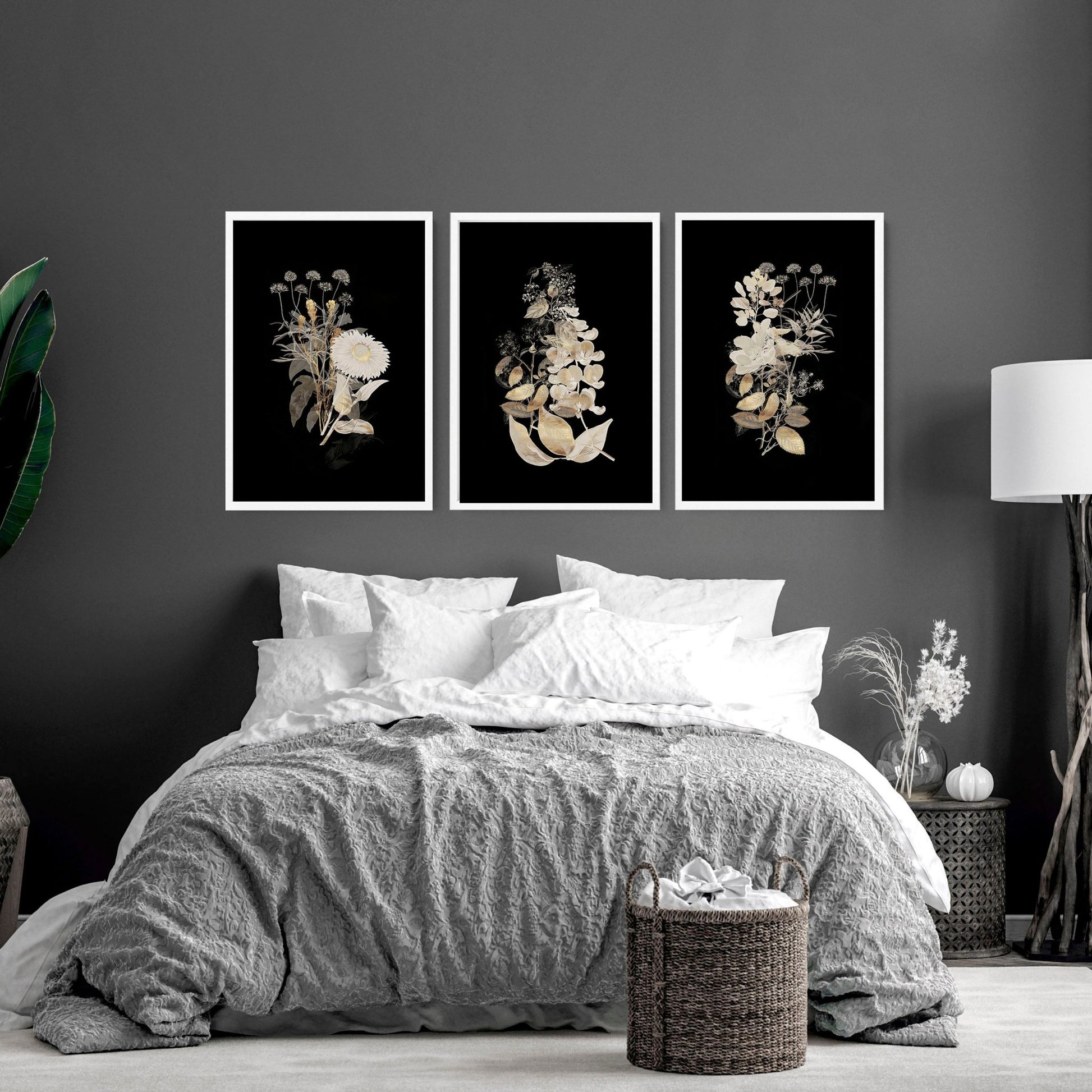 Gold Floral Bedroom wall art | set of 3 wall art prints