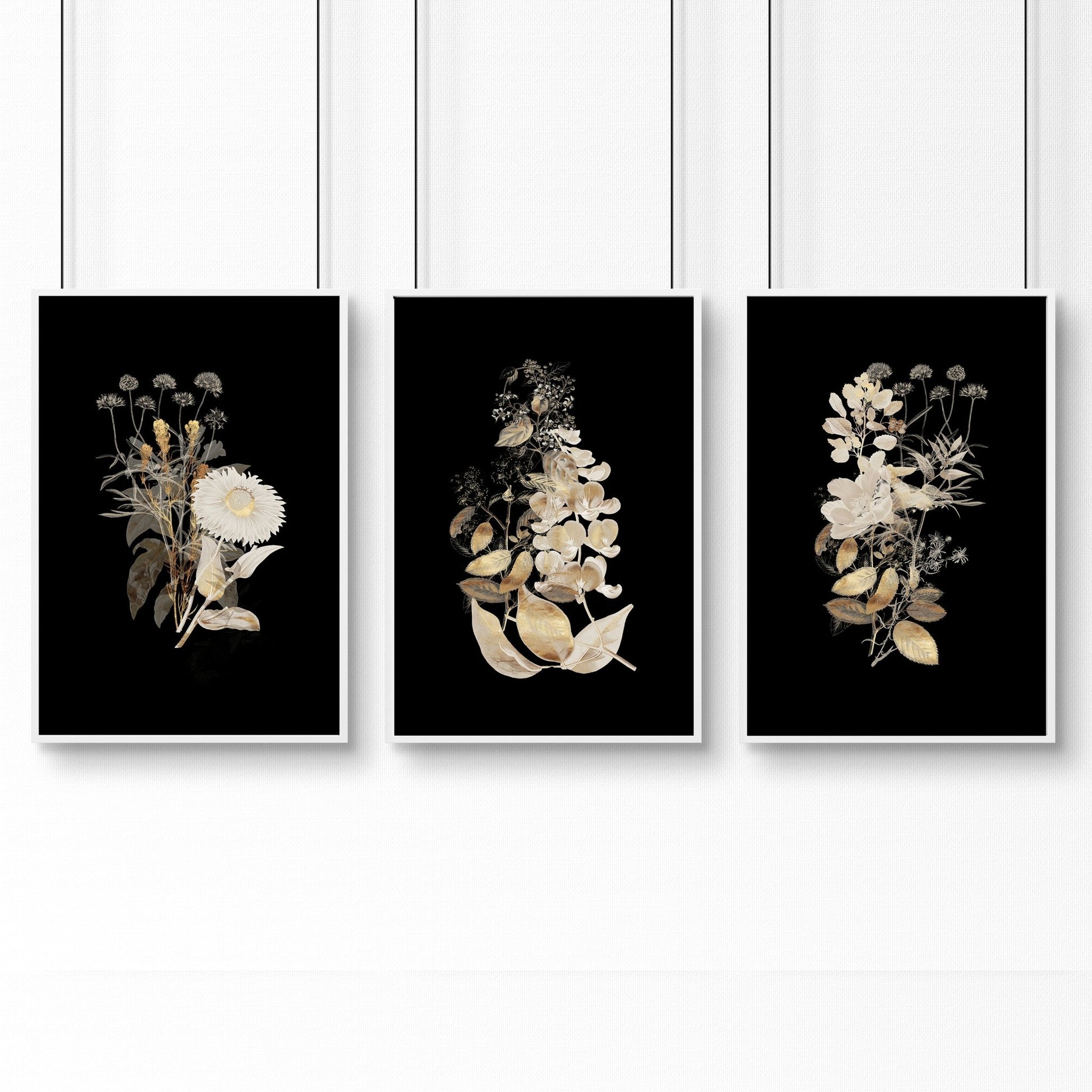 Gold Floral Bedroom wall art | set of 3 wall art prints