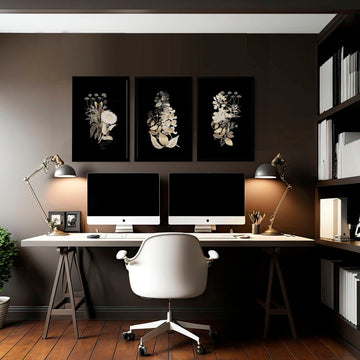 Gold Floral set of 3 framed prints for Home office | set of 3 wall art prints