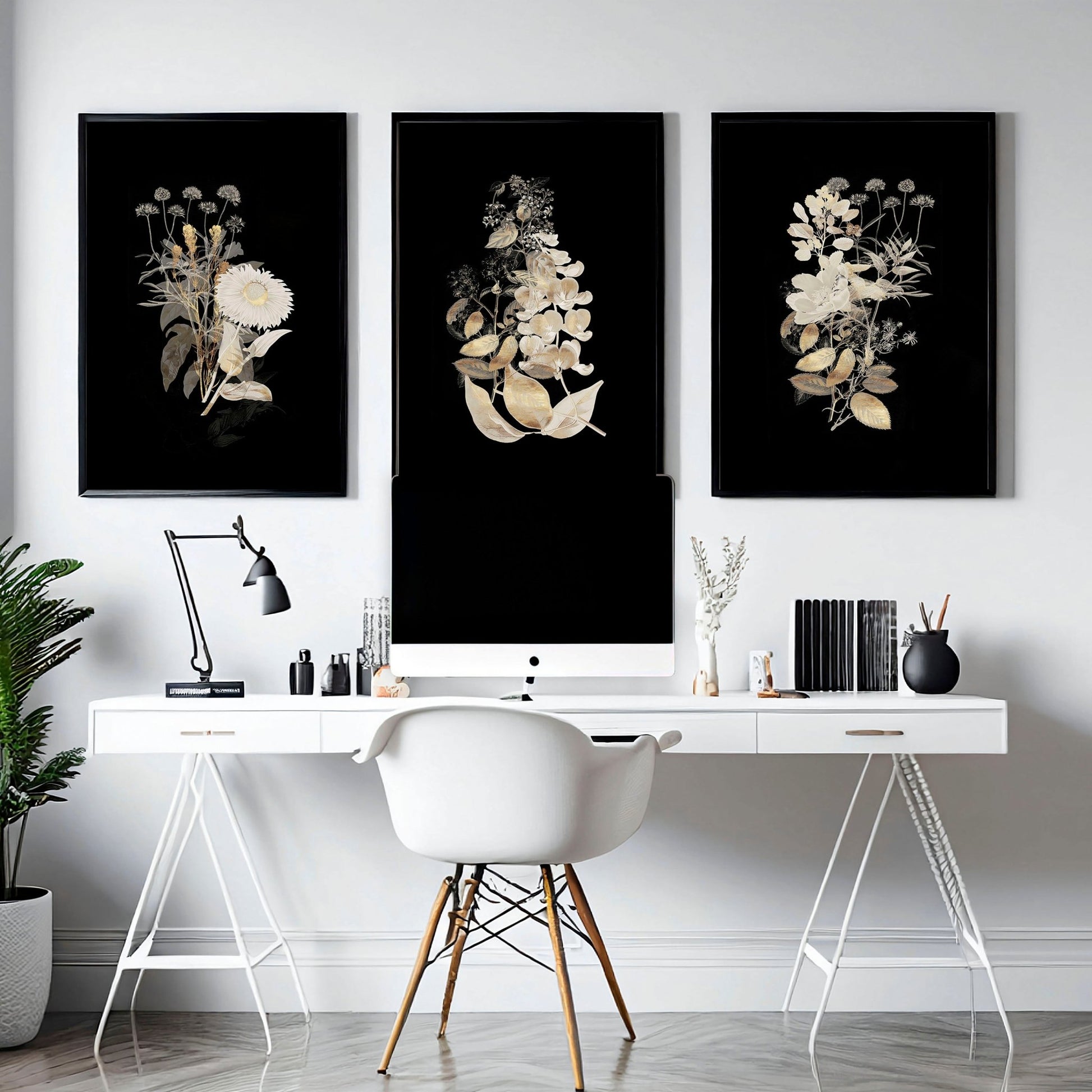 Gold Floral set of 3 framed prints for Home office | set of 3 wall art prints