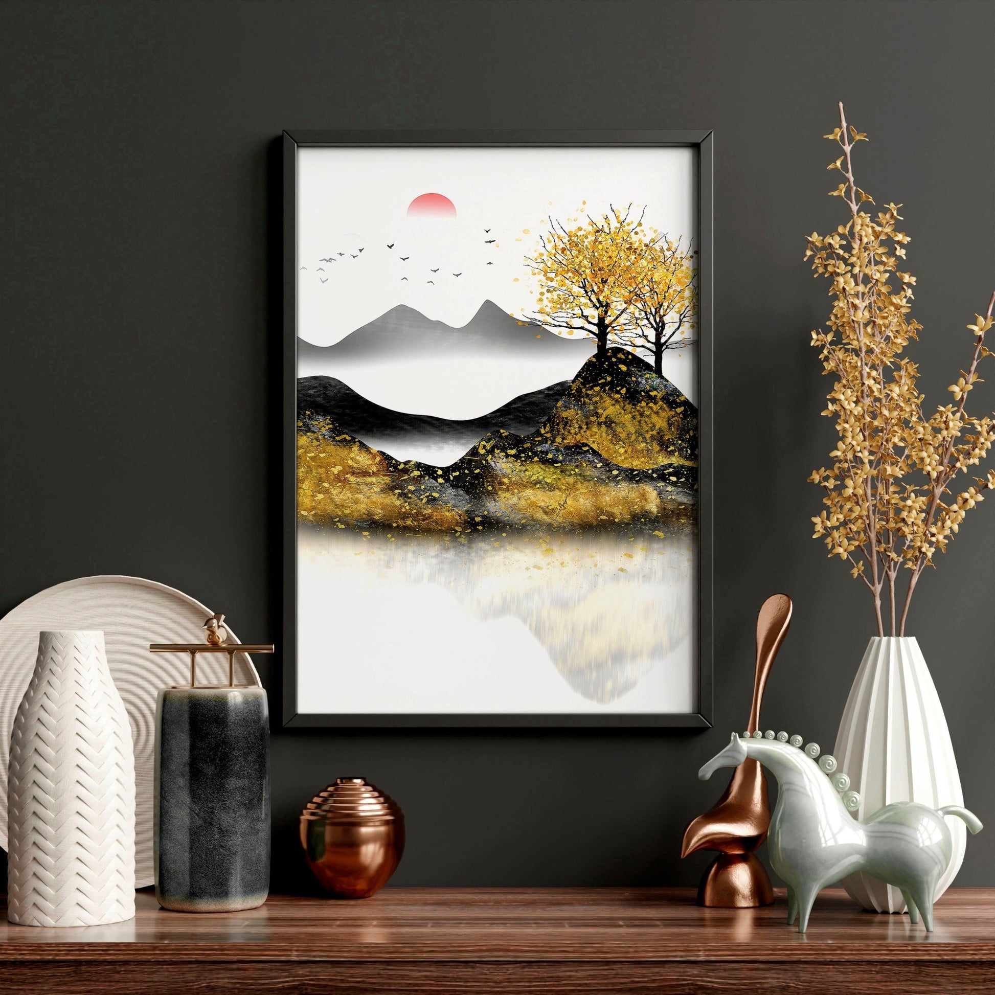 Gold Japanese Sunrise art | set of 3 wall art prints - About Wall Art