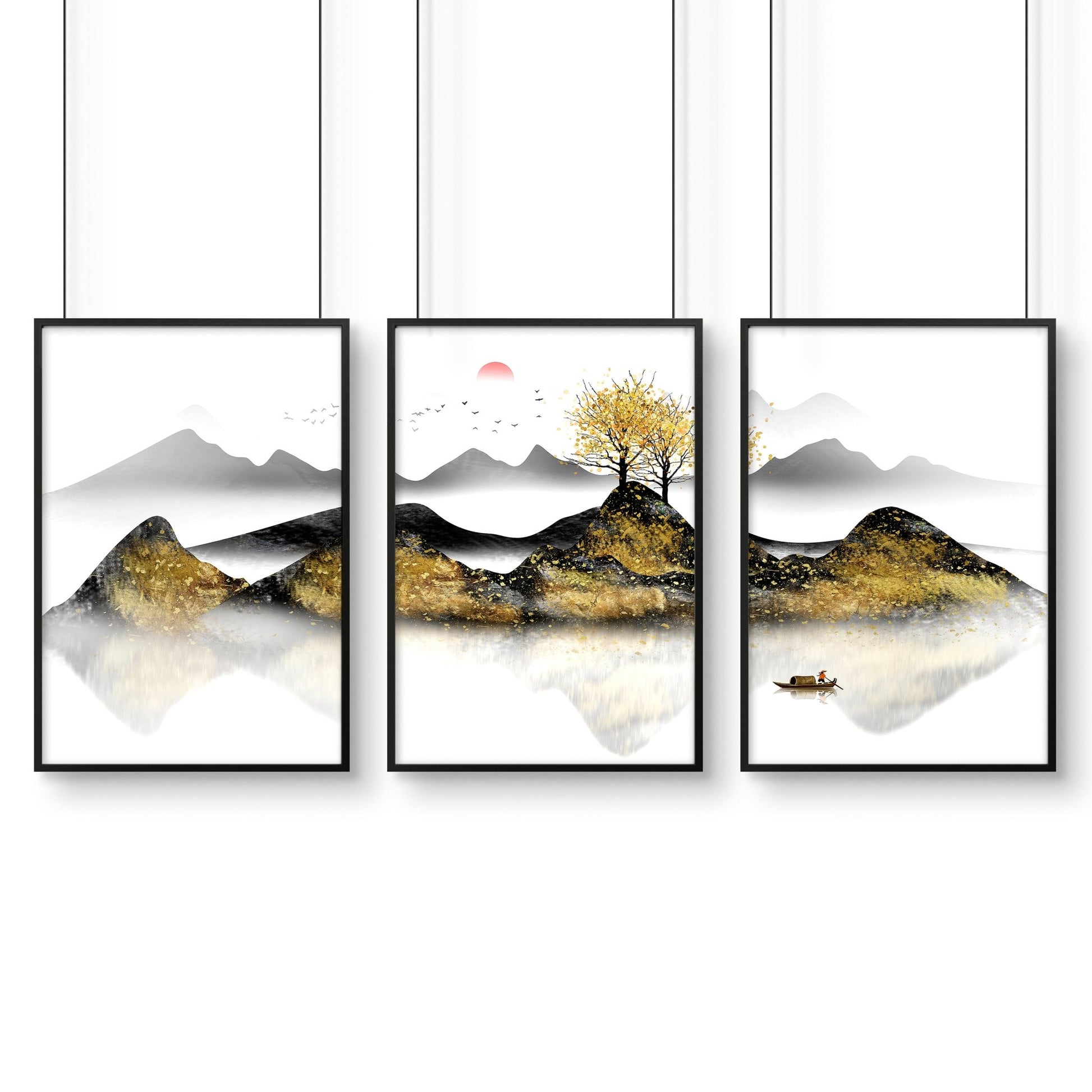Gold Japanese Sunrise art | set of 3 wall art prints - About Wall Art
