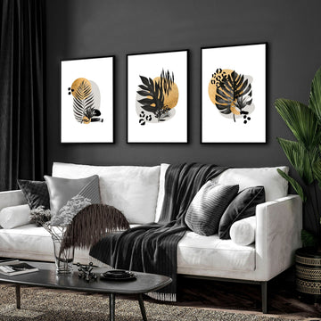 Juego botánico de lujo moderno de 3 impresiones de arte de pared enmarcadas para una decoración de sala de estar tropical, juego de arte de pared de galería de diseñador grande para el nuevo hogar