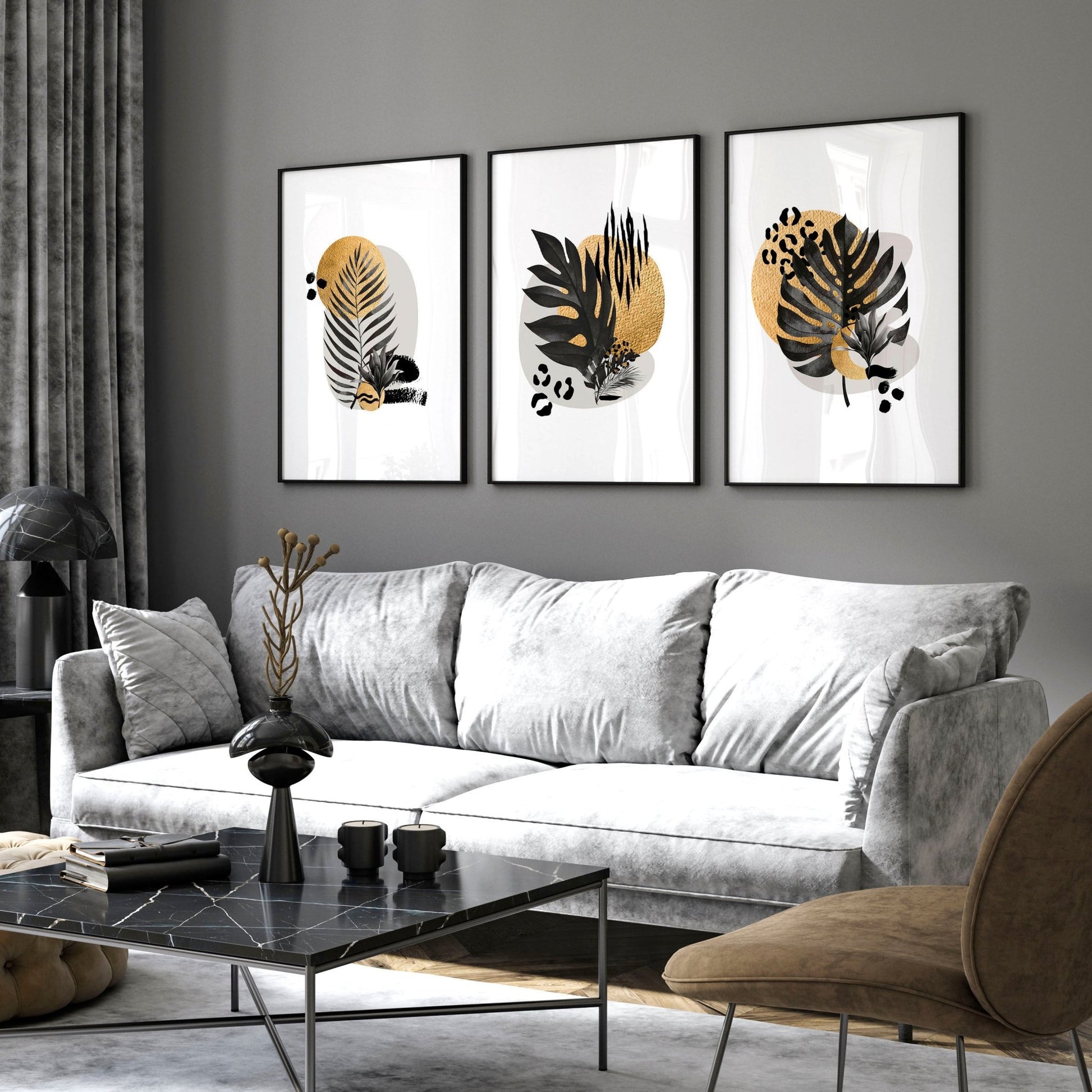 Gold Tropical boho decor | set of 3 wall art prints - About Wall Art