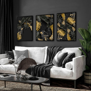 Gold tropical wall art | set of 3 wall art prints for Living room - About Wall Art