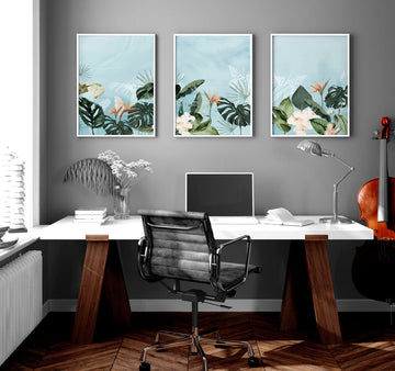Art du bureau à domicile | ensemble de 3 tirages d’art mural tropicaux