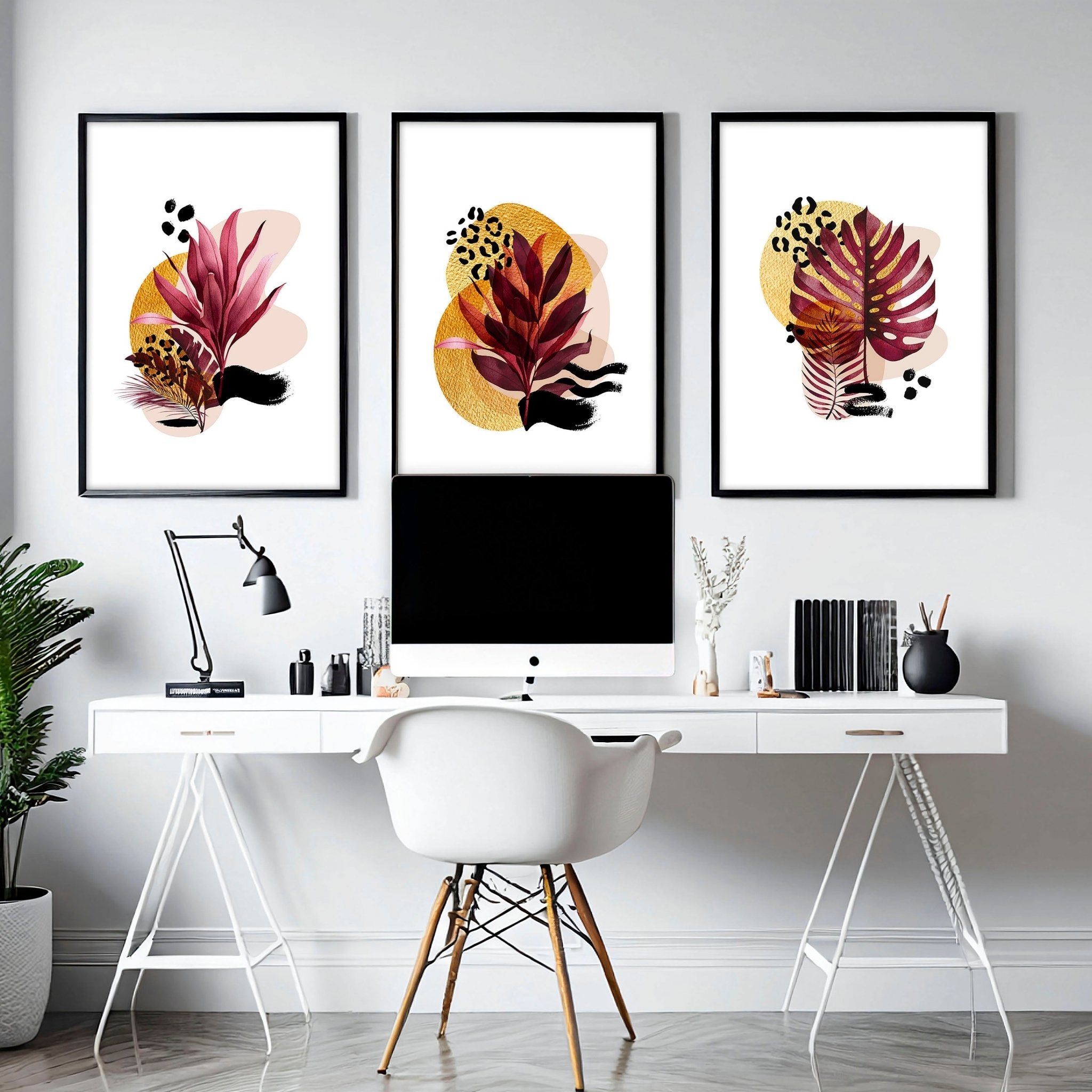 moderno conjunto botánico de lujo de 3 impresiones de arte de pared enmarcadas para una decoración de escritorio de oficina tropical, conjunto de arte de pared de galería Gold Glam Eclectic Designer