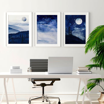 Conjunto nórdico de 3 impresiones de arte de pared enmarcadas para una decoración de escritorio de oficina relajante para hombres, Night Sky Scandi gran juego de impresión de arte de pared de galería de moda