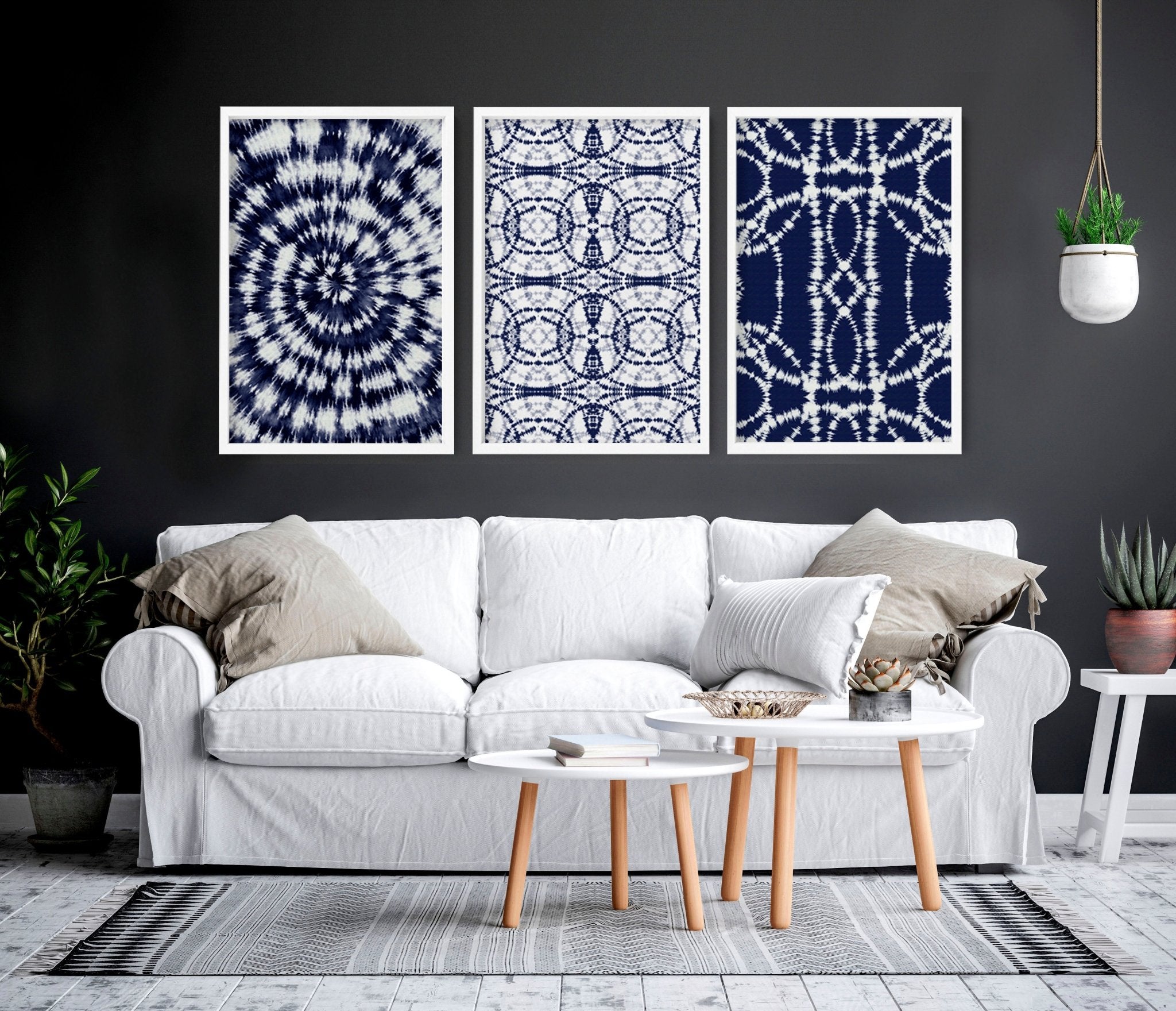 Indigo Shibori dye set of 3 framed wall art