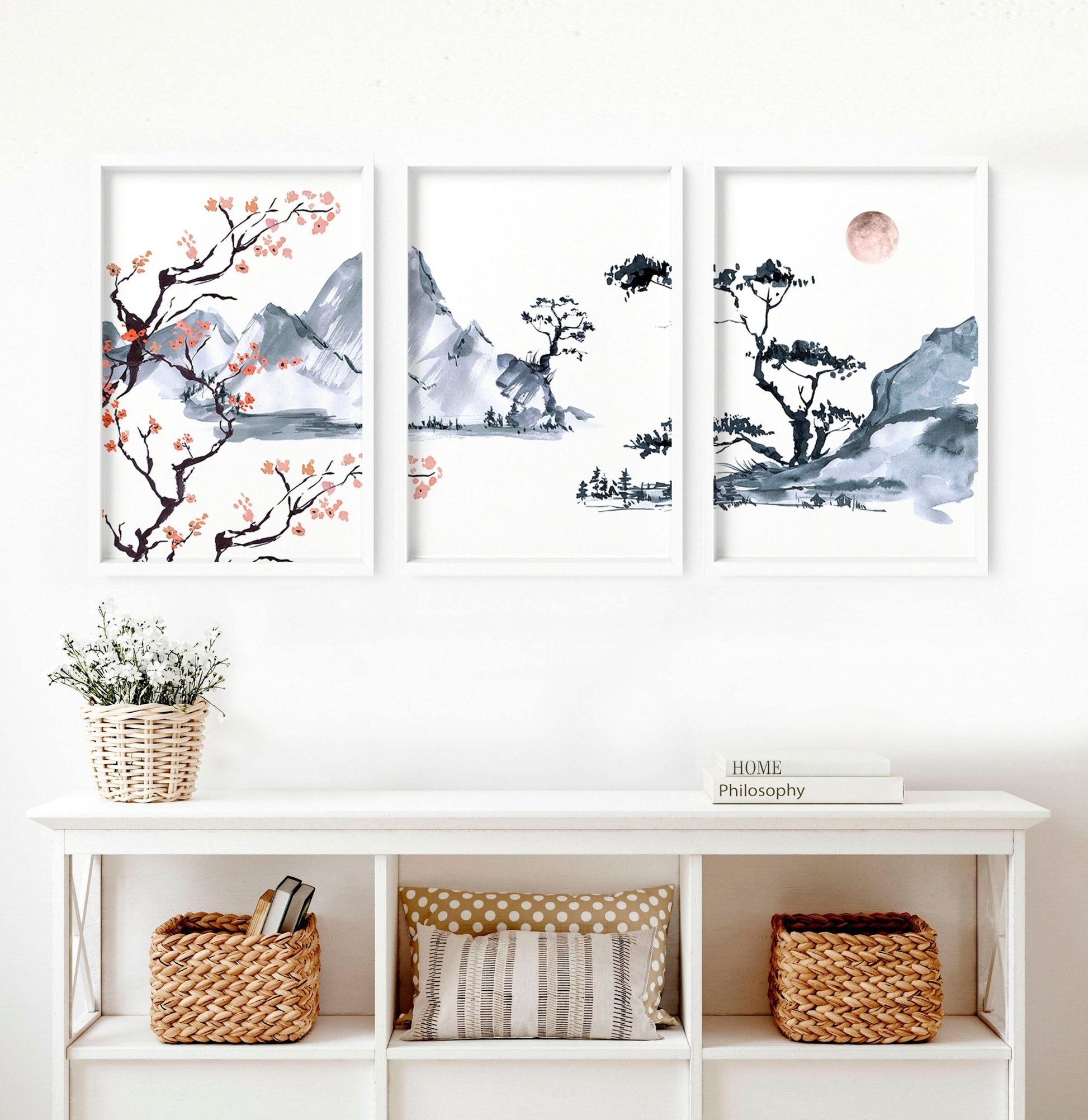 Japandi Living room Decor - Set of 3 framed picture wall art prints - About Wall Art