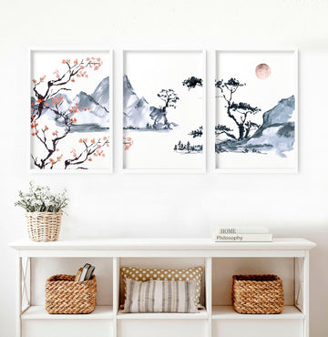 Japandi Living room Decor - Ensemble de 3 tableaux muraux encadrés