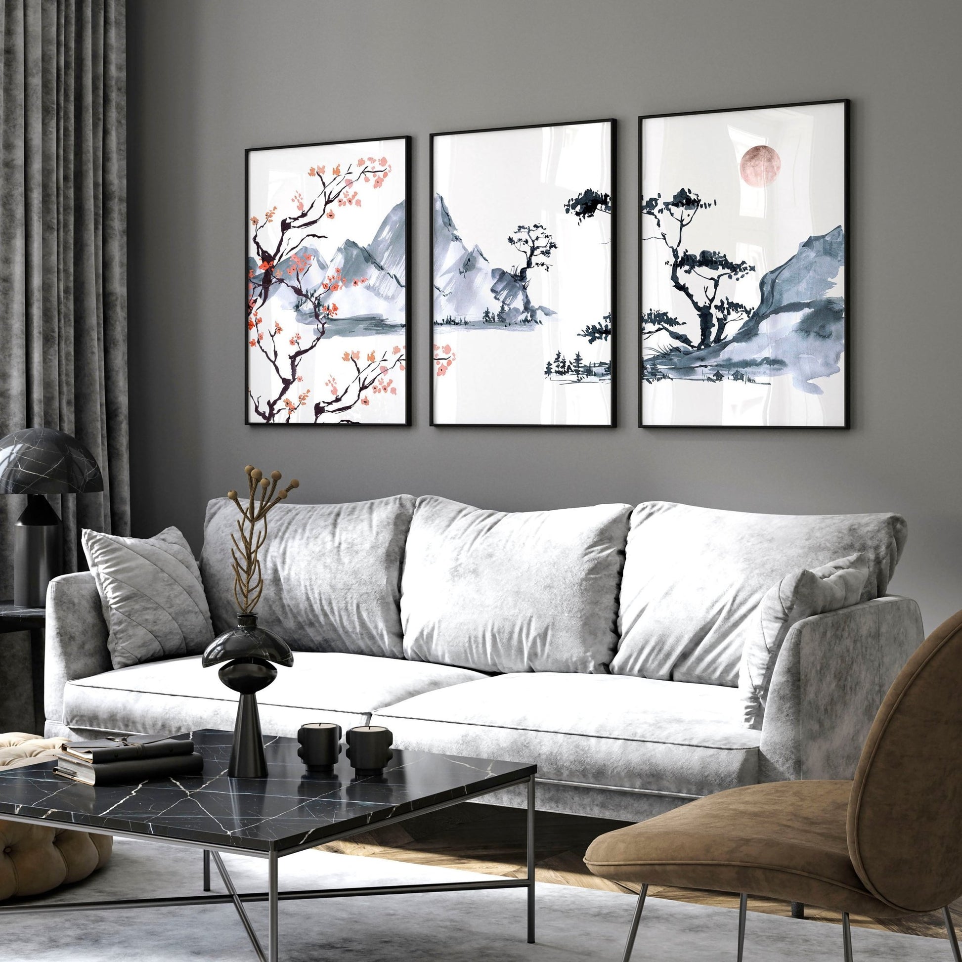 Japandi Living room Decor | set of 3 wall art prints - About Wall Art