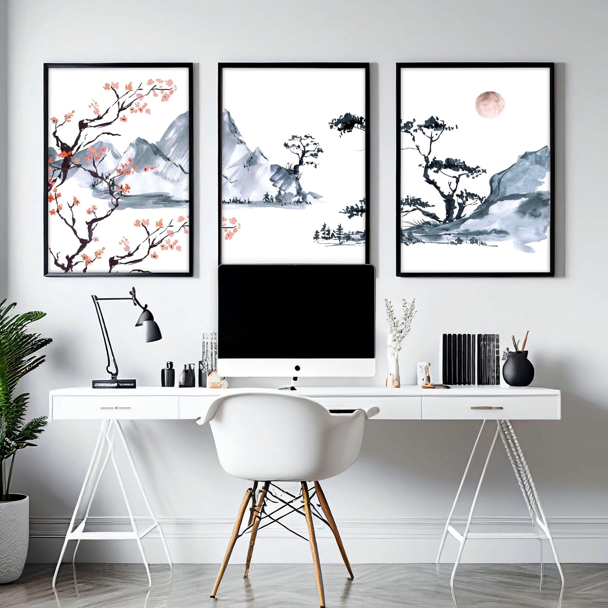 Japonés Zen Home Office Decor para hombres conjunto de 3 impresiones de arte de pared enmarcadas, Trendy Japandi galería arte de pared colgante conjunto para decoración de escritorio de oficina