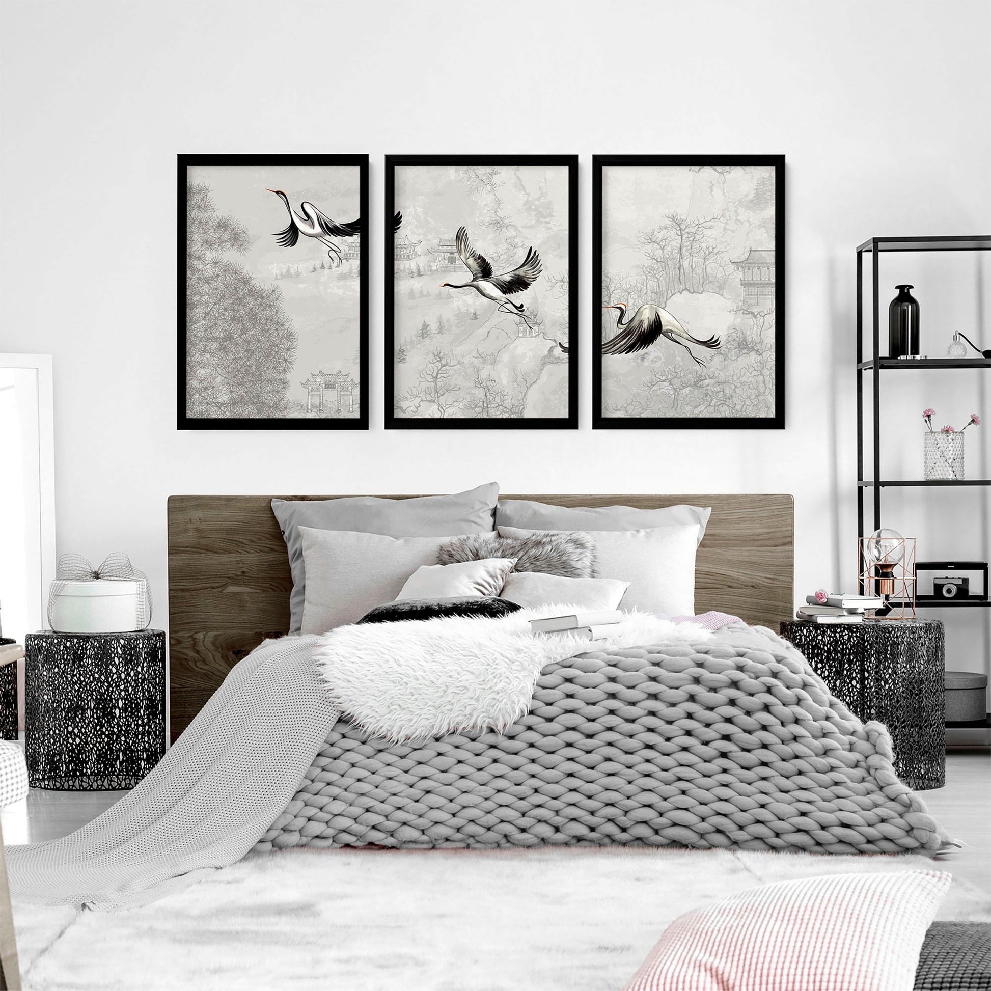 Japanese crane art for bedroom | set of 3 wall art prints