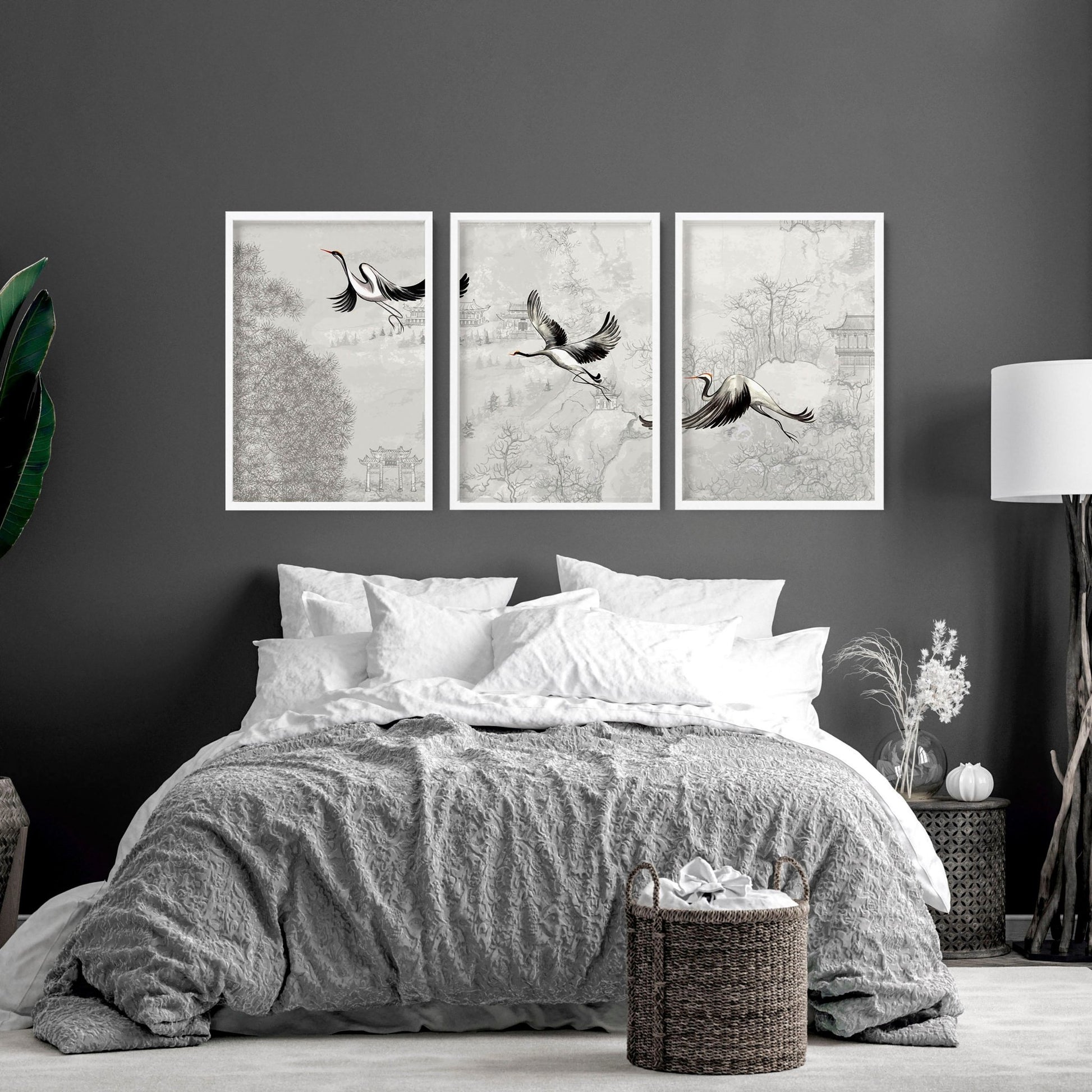 Japanese crane art for bedroom | set of 3 wall art prints