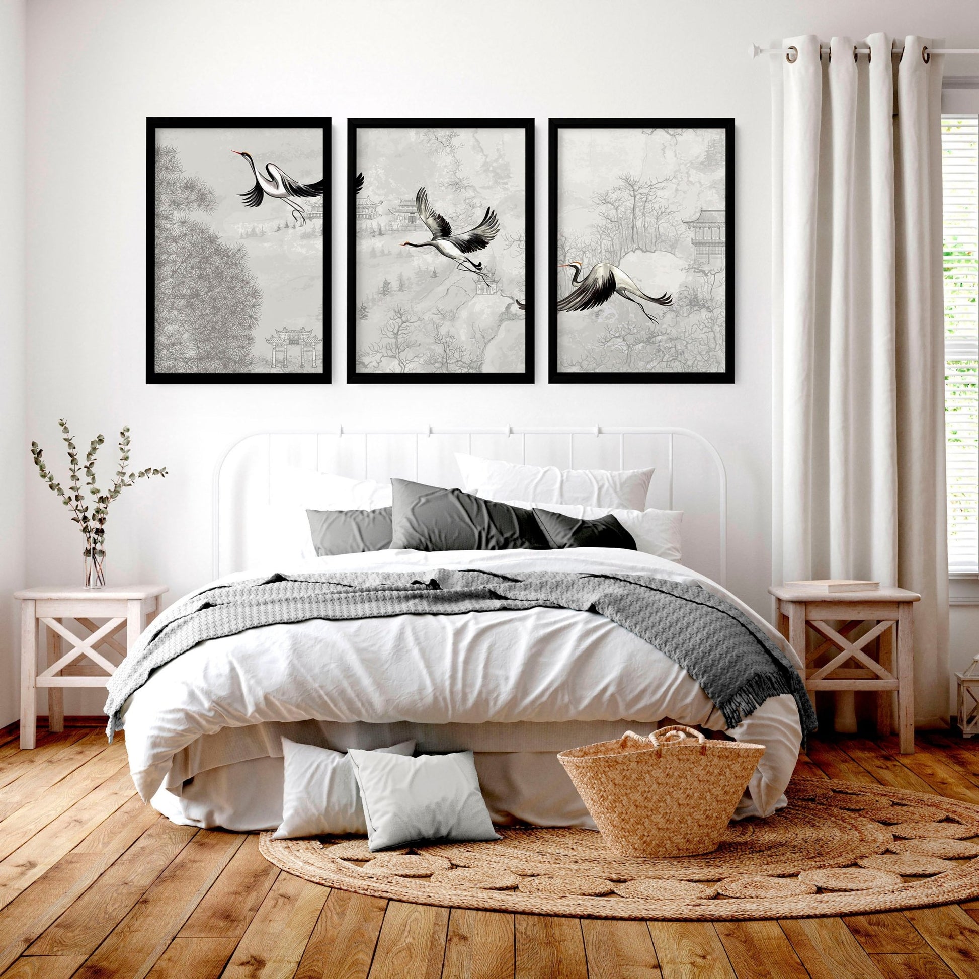 Japanese crane art for bedroom | set of 3 wall art prints