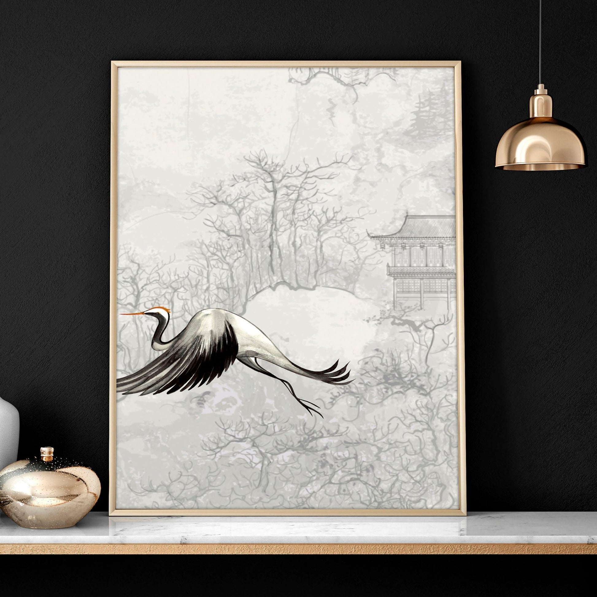 Japanese crane art for bedroom | set of 3 wall art prints