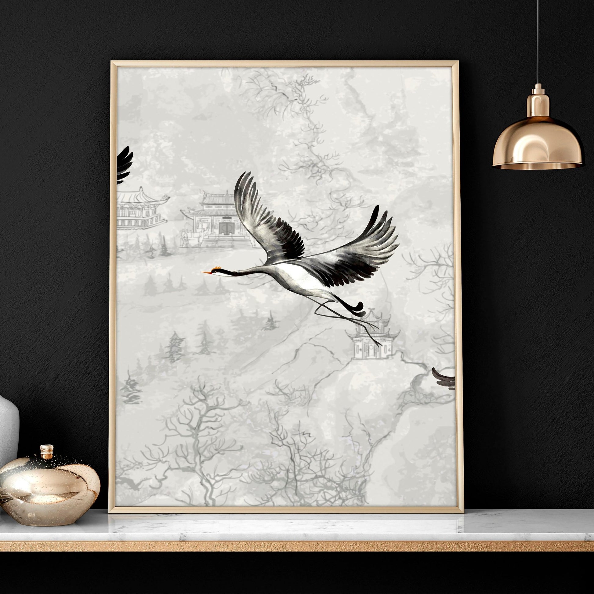 Japanese crane art for bedroom | set of 3 wall art prints