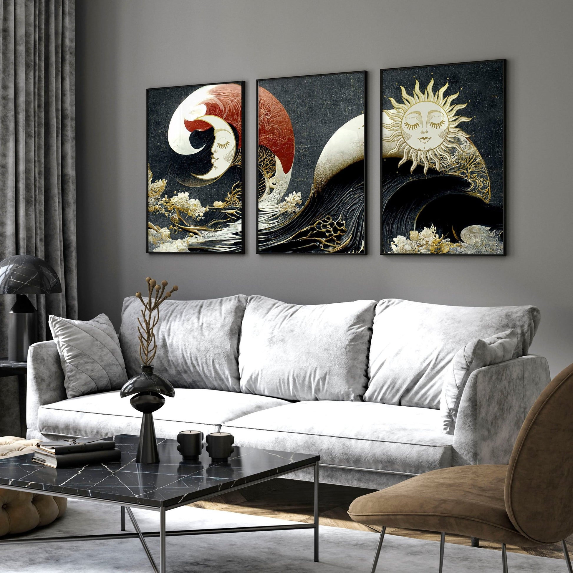 Japanese Sun and Moon pictures for living room wall | set of 3 art prints - About Wall Art