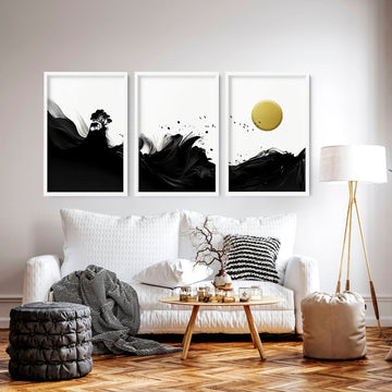 Japanese Sunset Black and white wall art | set of 3 art prints - About Wall Art