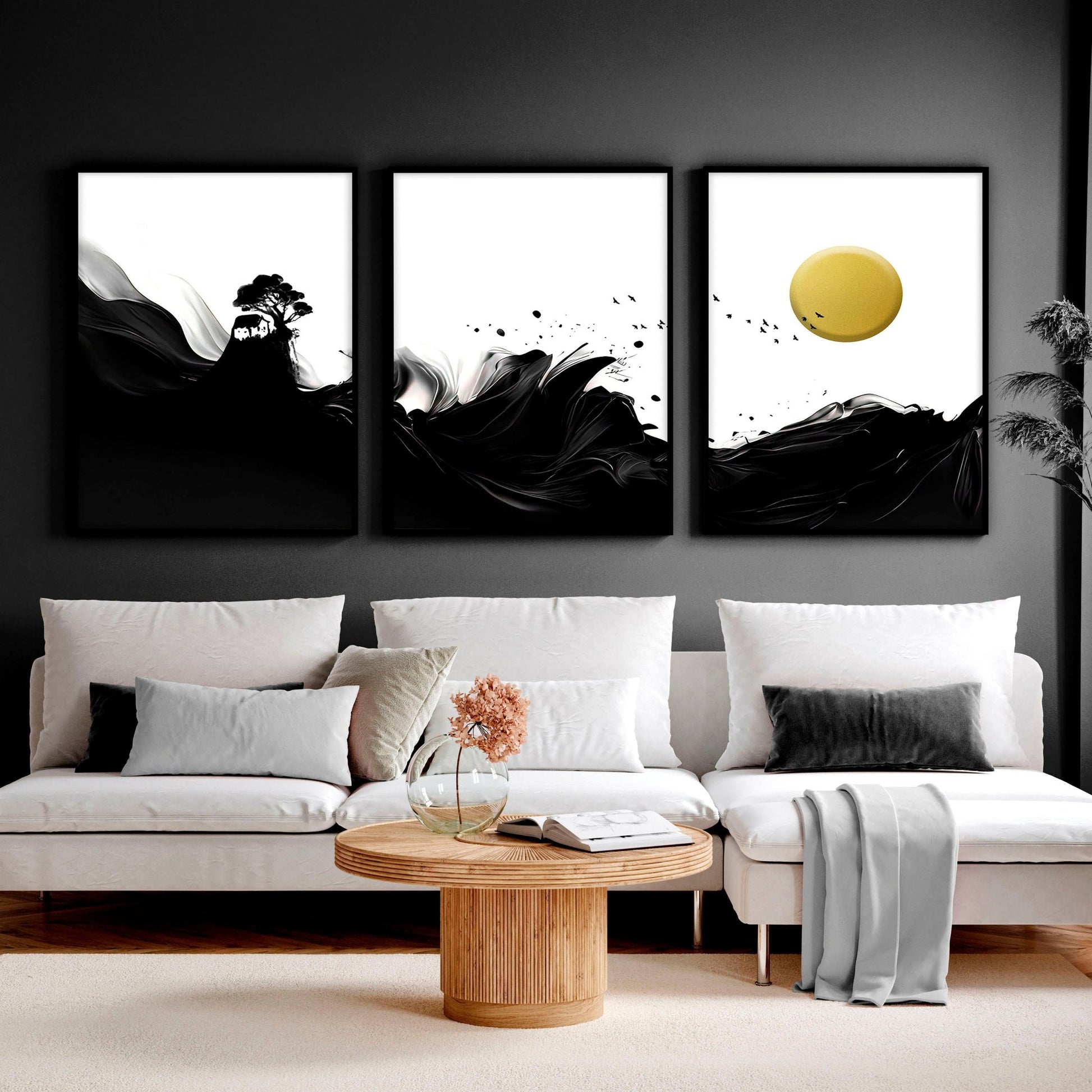 Japanese Sunset Black and white wall art | set of 3 art prints - About Wall Art