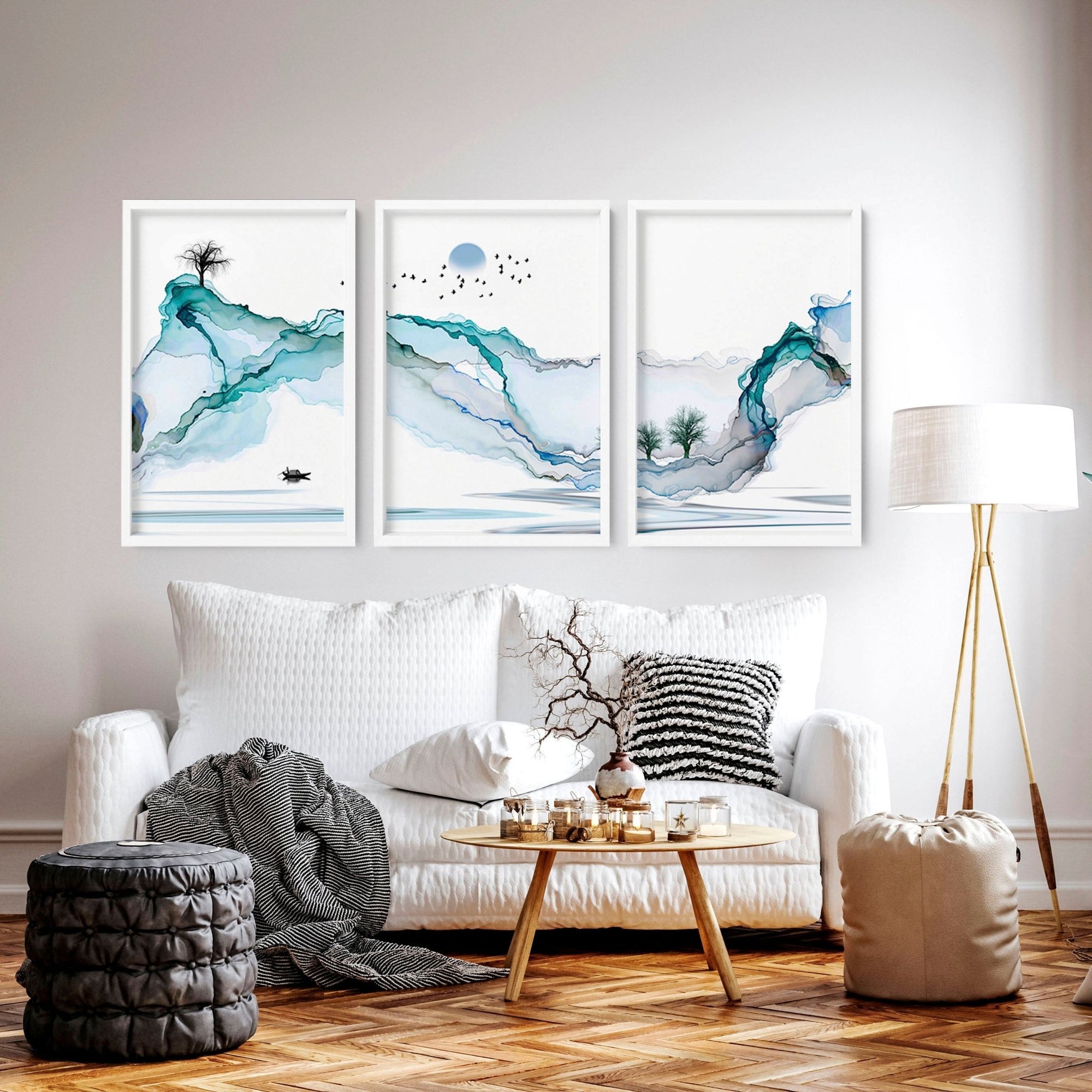 Our set of 3 Teal wall art for the living room, which has a stunning...