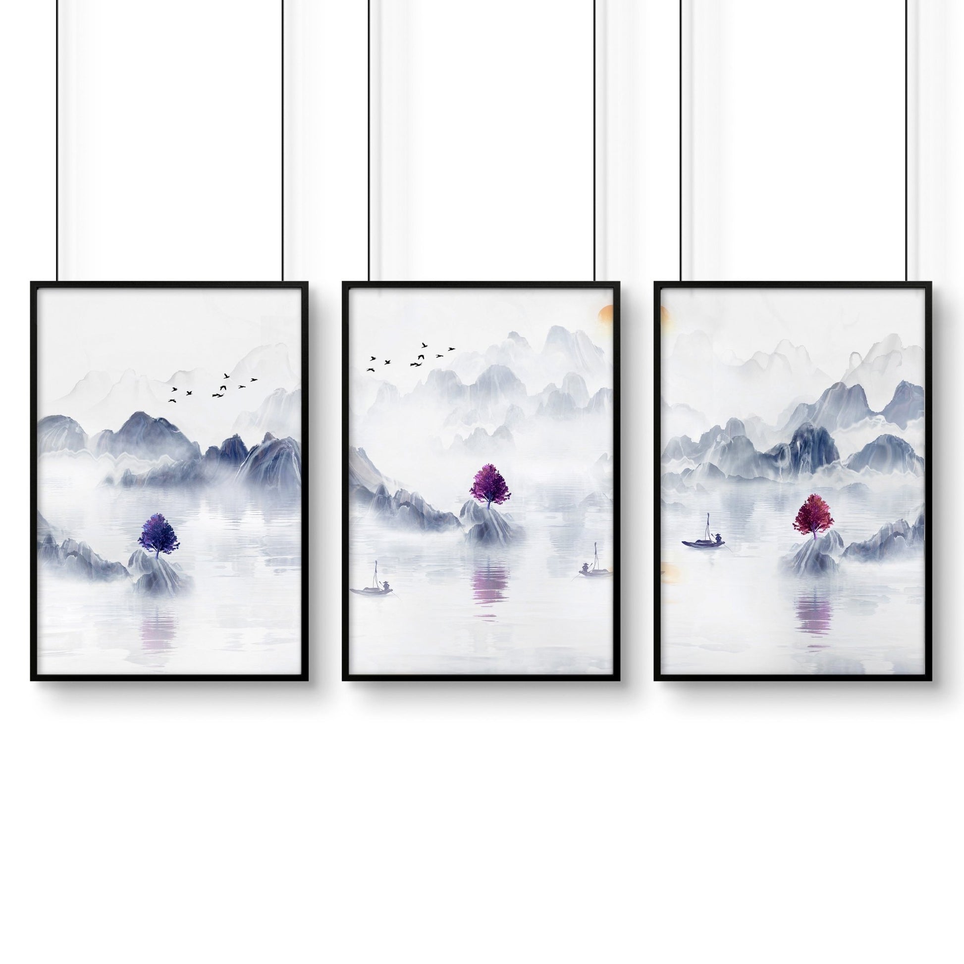 Big wall paintings for living room | set of 3 Japanese wall art