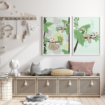 Chambre à coucher jungle Art mural pour pépinière | lot de 2 imprimés Paresseux